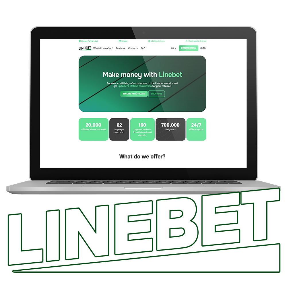 Linebet affiliate program interface on laptop and mobile, detailing partnership benefits and commission rates