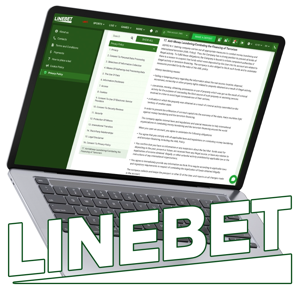 Linebet terms and conditions page, outlining user agreements and betting rules on laptop and mobile