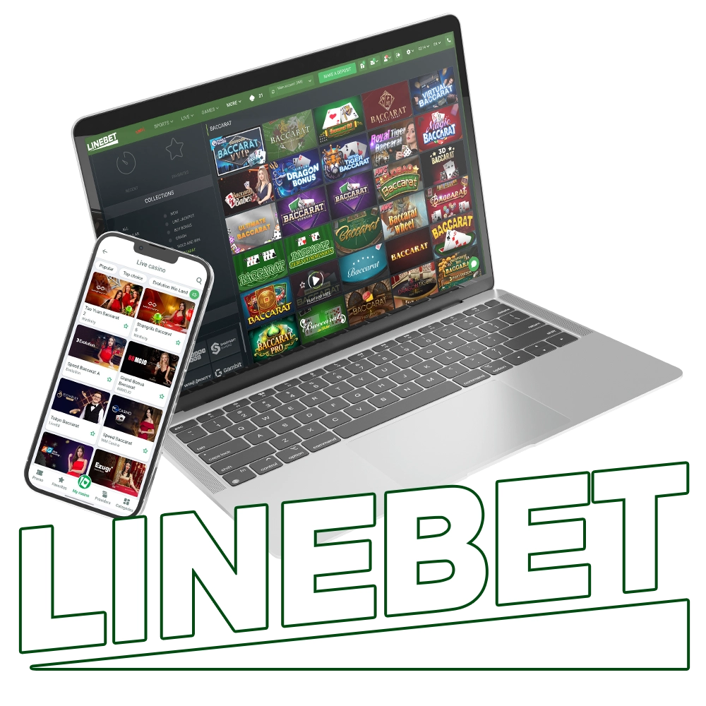 Linebet online baccarat game interface on laptop and mobile, featuring live card dealing and betting options