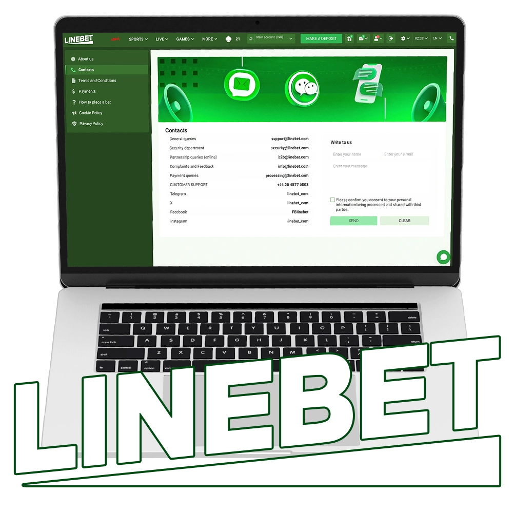 Linebet contact page with customer service options including live chat and email support on laptop and mobile