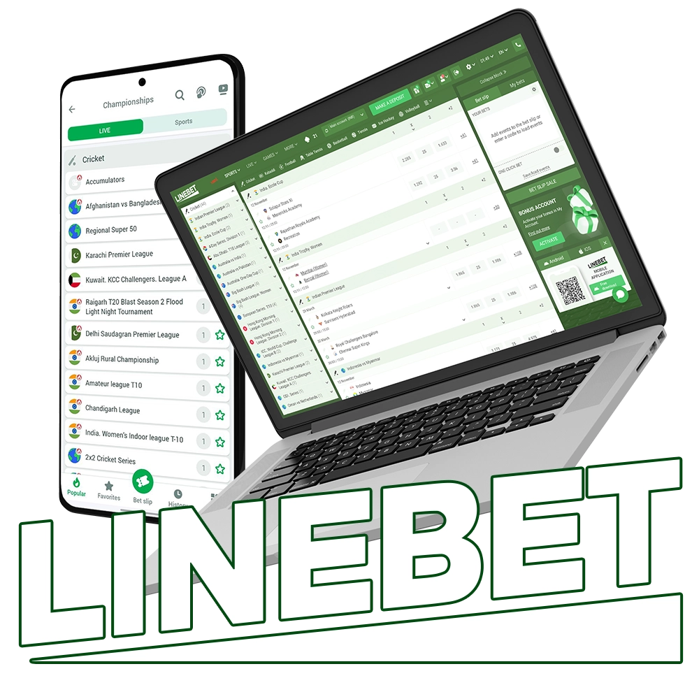 Linebet cricket betting platform on laptop and mobile, displaying live cricket matches and betting options