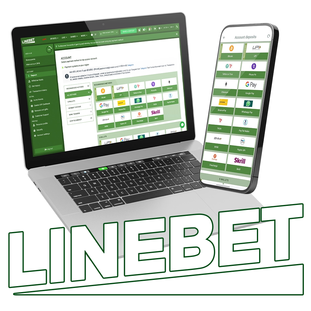 Linebet deposit options page on laptop and mobile, displaying secure deposit methods including bank transfers and cards