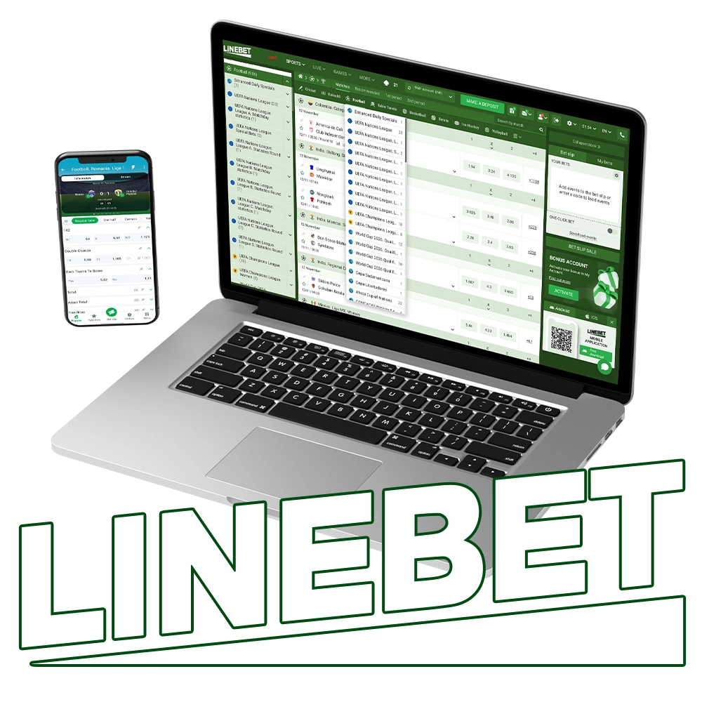 Linebet football betting platform on laptop and mobile, featuring live matches and team odds