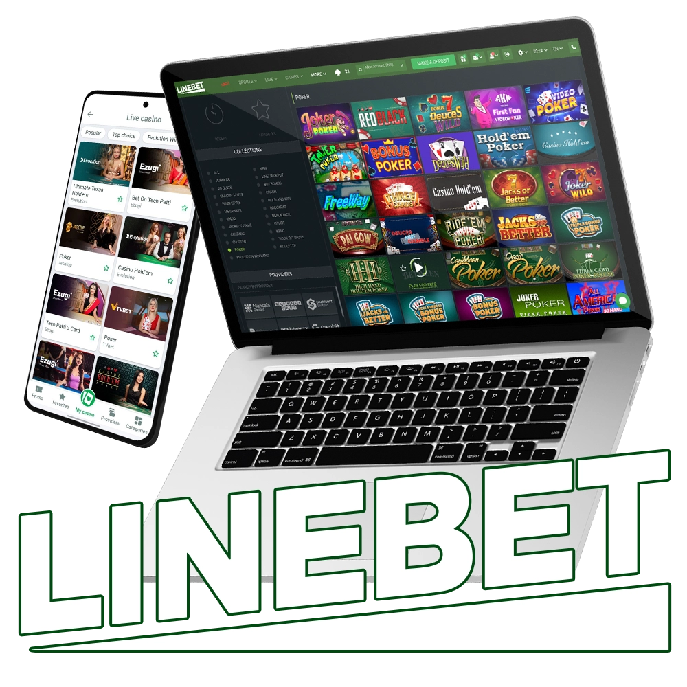 Linebet online casino interface on laptop and mobile, featuring diverse poker games and slot machines