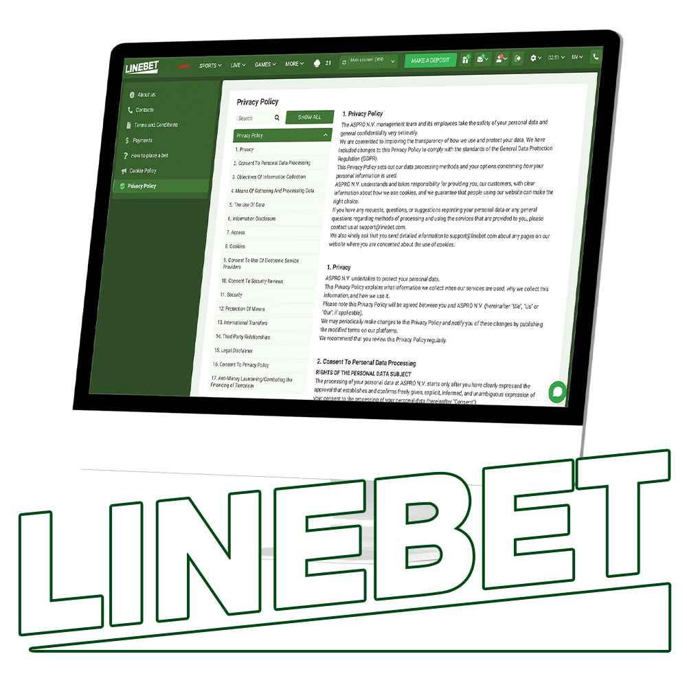 Linebet privacy policy page, detailing data protection and privacy practices on laptop and mobile