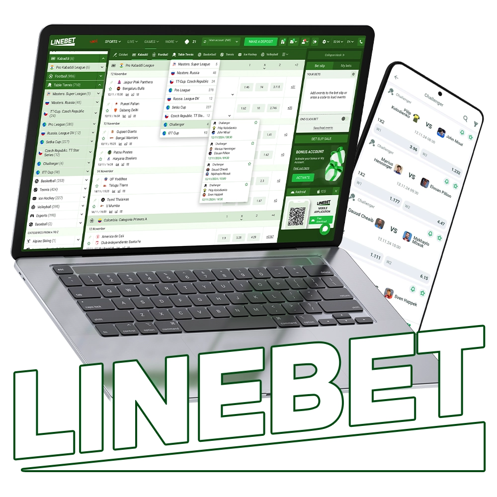 Linebet sports betting platform showcasing table tennis and other sports events on laptop and mobile devices