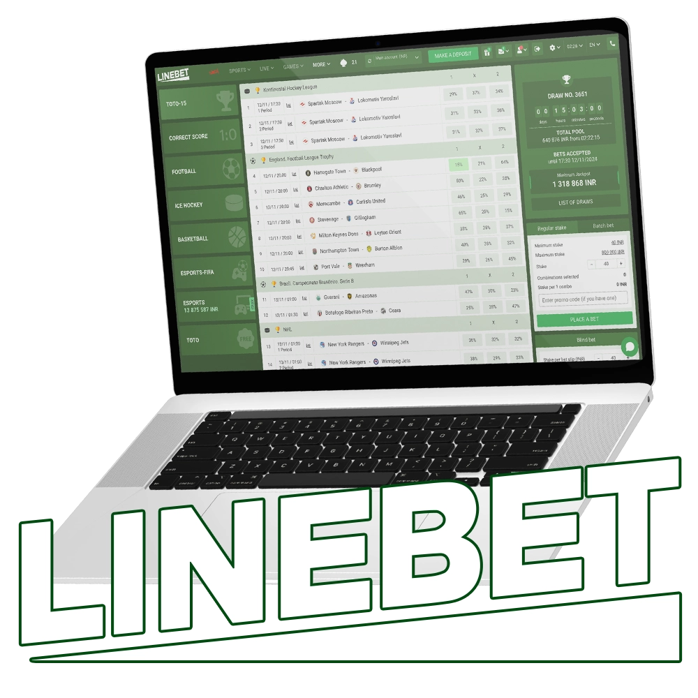 Linebet toto betting game interface on laptop and mobile, featuring jackpot and prize details